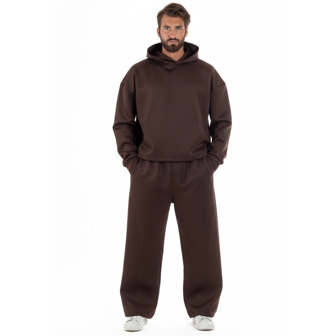 Men's Cropped Hoodie Set | Baggy Trousers | Brown