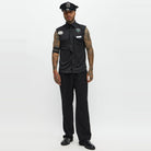 Man wearing black sleeveless police costume shirt, hat, and tie | Chaps London