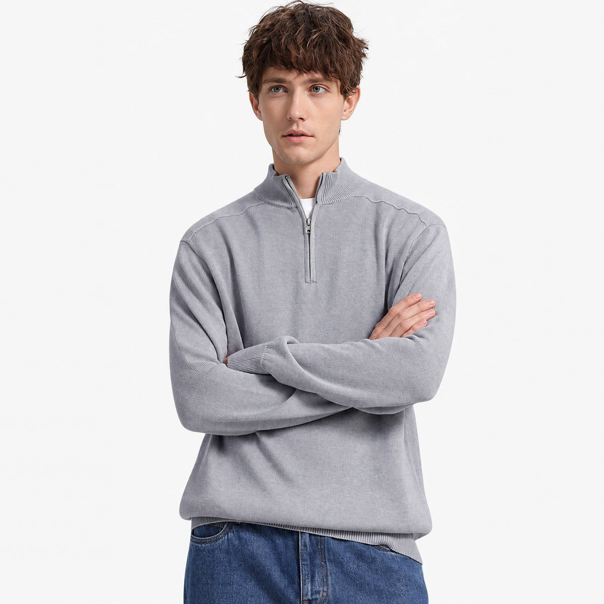 Man wearing grey half-zip jumper with arms crossed, worn | Chaps London