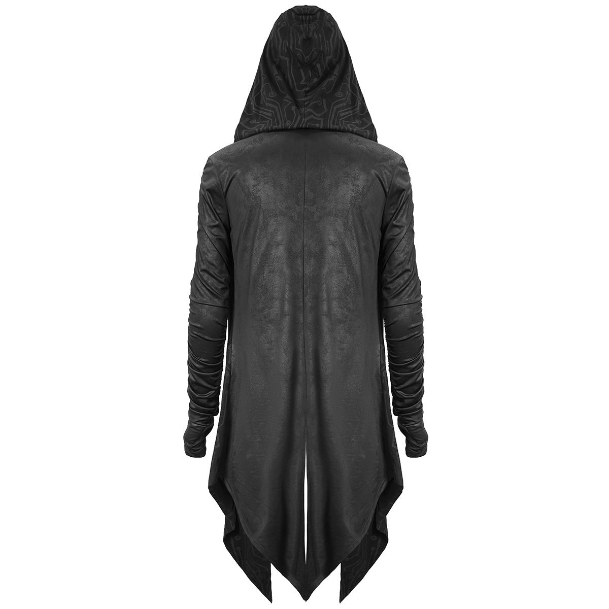 Black hooded cardigan with draped sleeves, worn by person, back view | Chaps London