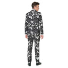 Man wearing black Halloween suit jacket with white skeleton and ghost print | Chaps London