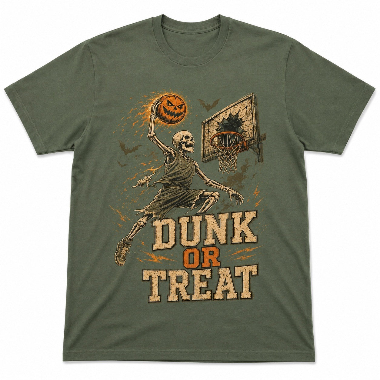 Olive green t-shirt with skeleton basketball Halloween graphic, flat lay | Chaps London