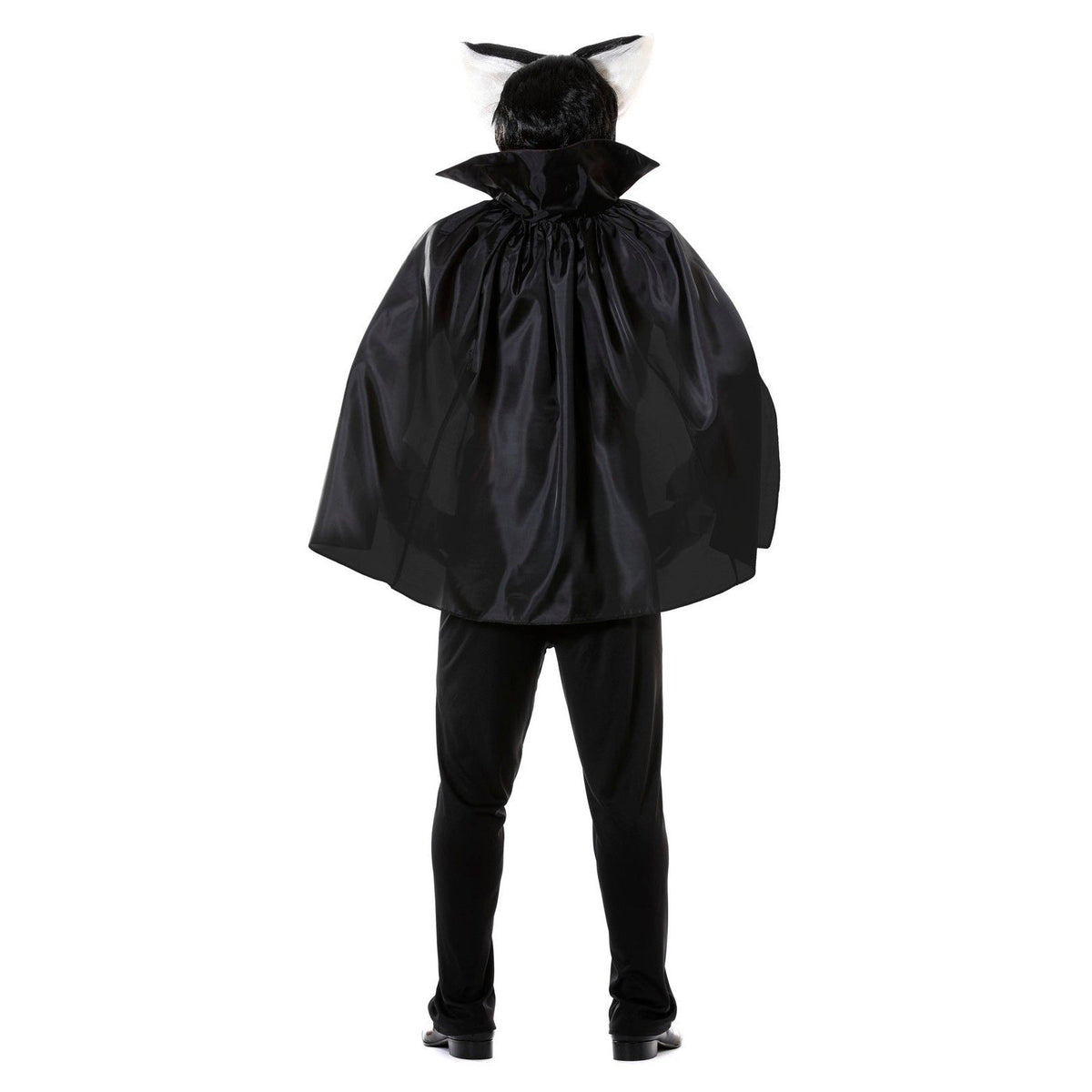 Person wearing black high-collar cape costume, rear view, standing | Chaps London