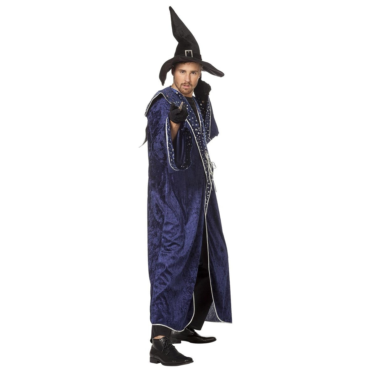 Man wearing blue velvet wizard robe with pointed hat, pointing forward | Chaps London