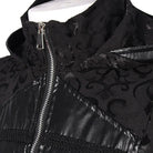 Black jacquard hooded coat with zip front shown on mannequin | Chaps London