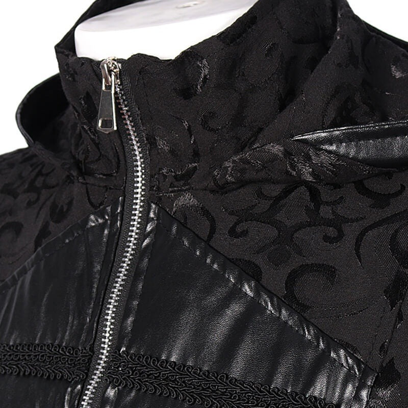 Black jacquard hooded coat with zip front shown on mannequin | Chaps London