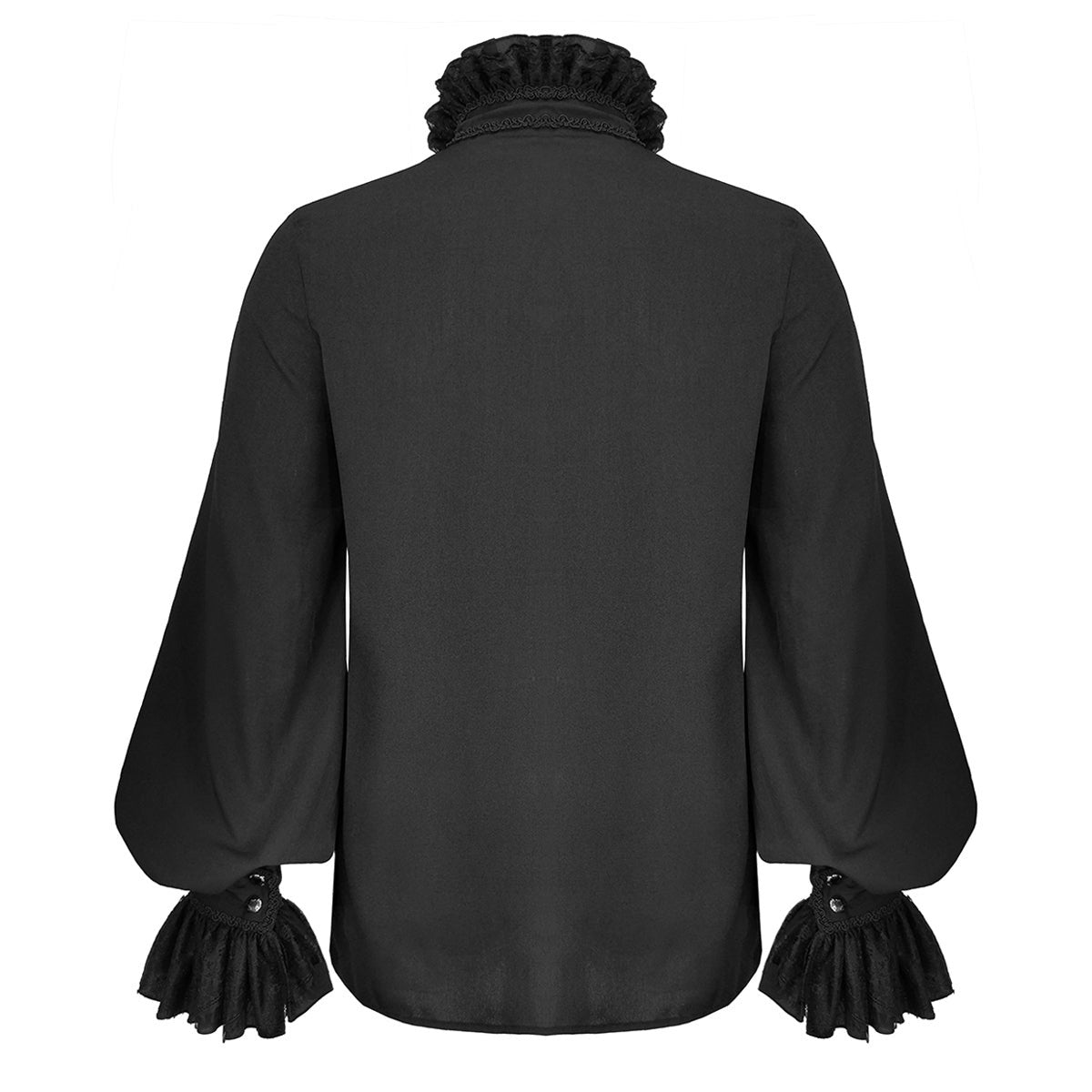 Black gothic shirt back view with ruffled collar and bishop sleeves | Chaps London