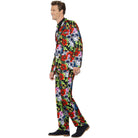 Man wearing colorful sugar skull and floral print suit, side view | Chaps London