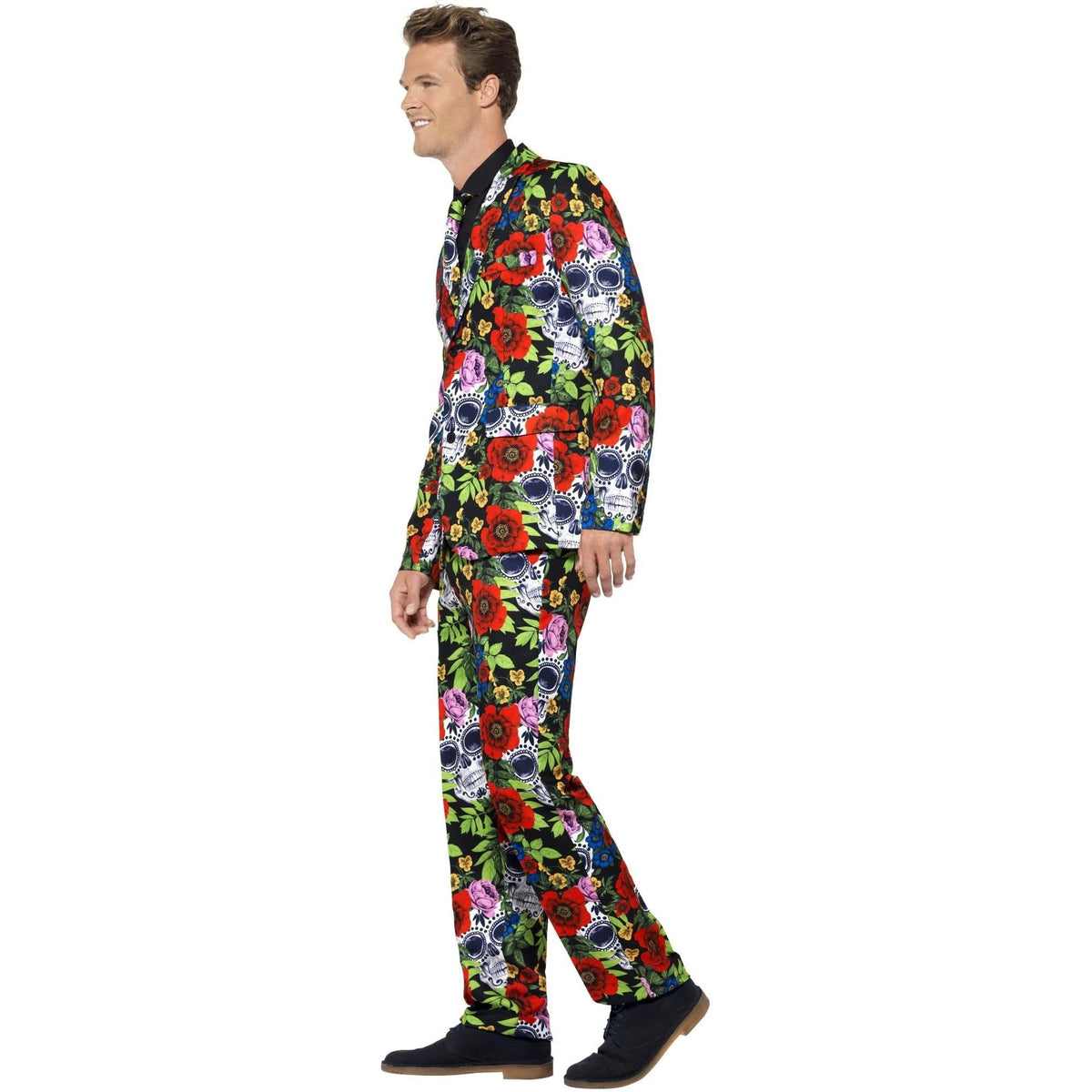 Man wearing colorful sugar skull and floral print suit, side view | Chaps London