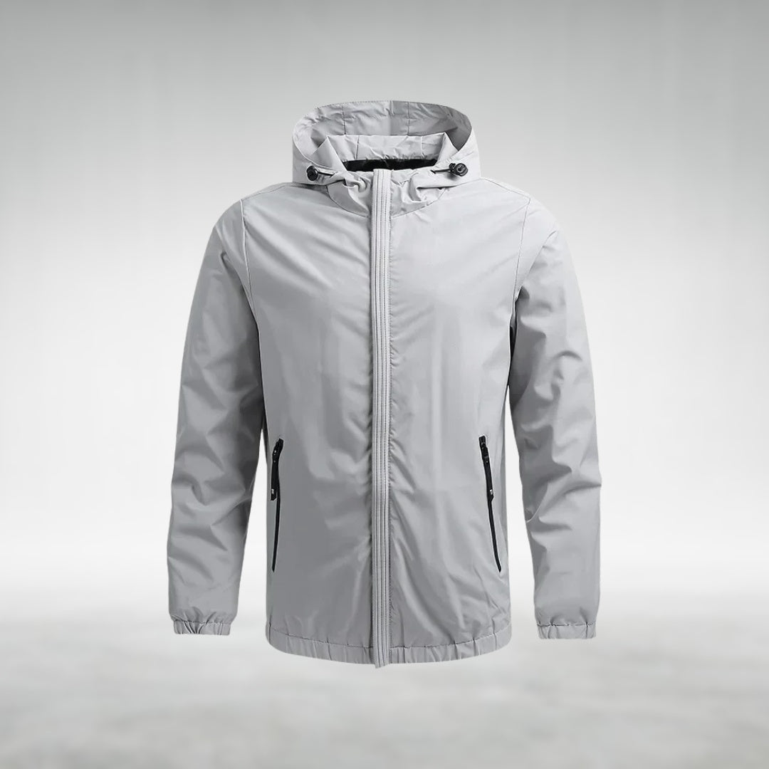 Light gray hooded zip-up jacket displayed on invisible mannequin, front view | Chaps London