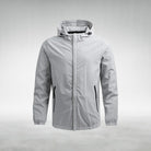 Light gray hooded zip-up jacket displayed on invisible mannequin, front view | Chaps London