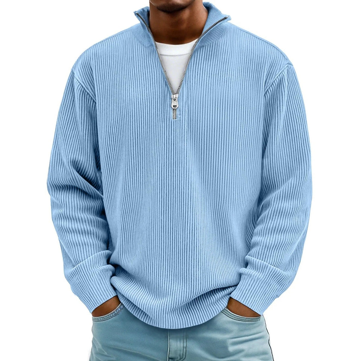 Man wearing light blue ribbed knit half-zip jumper with white t-shirt | Chaps London