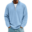 Man wearing light blue ribbed knit half-zip jumper with white t-shirt | Chaps London