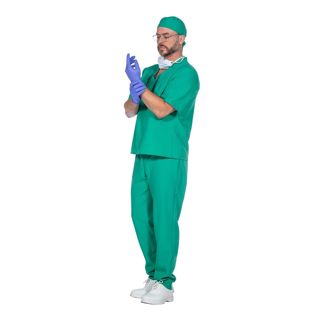 Man wearing green surgical scrubs, cap, mask, and purple gloves | Chaps London