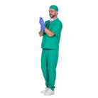 Man wearing green surgical scrubs, cap, mask, and purple gloves | Chaps London