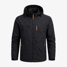 Black hooded zip-up jacket with adjustable cuffs, shown flat on background | Chaps London