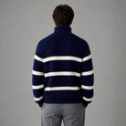 Man wearing navy and white striped ribbed knit half-zip jumper, rear view | Chaps London