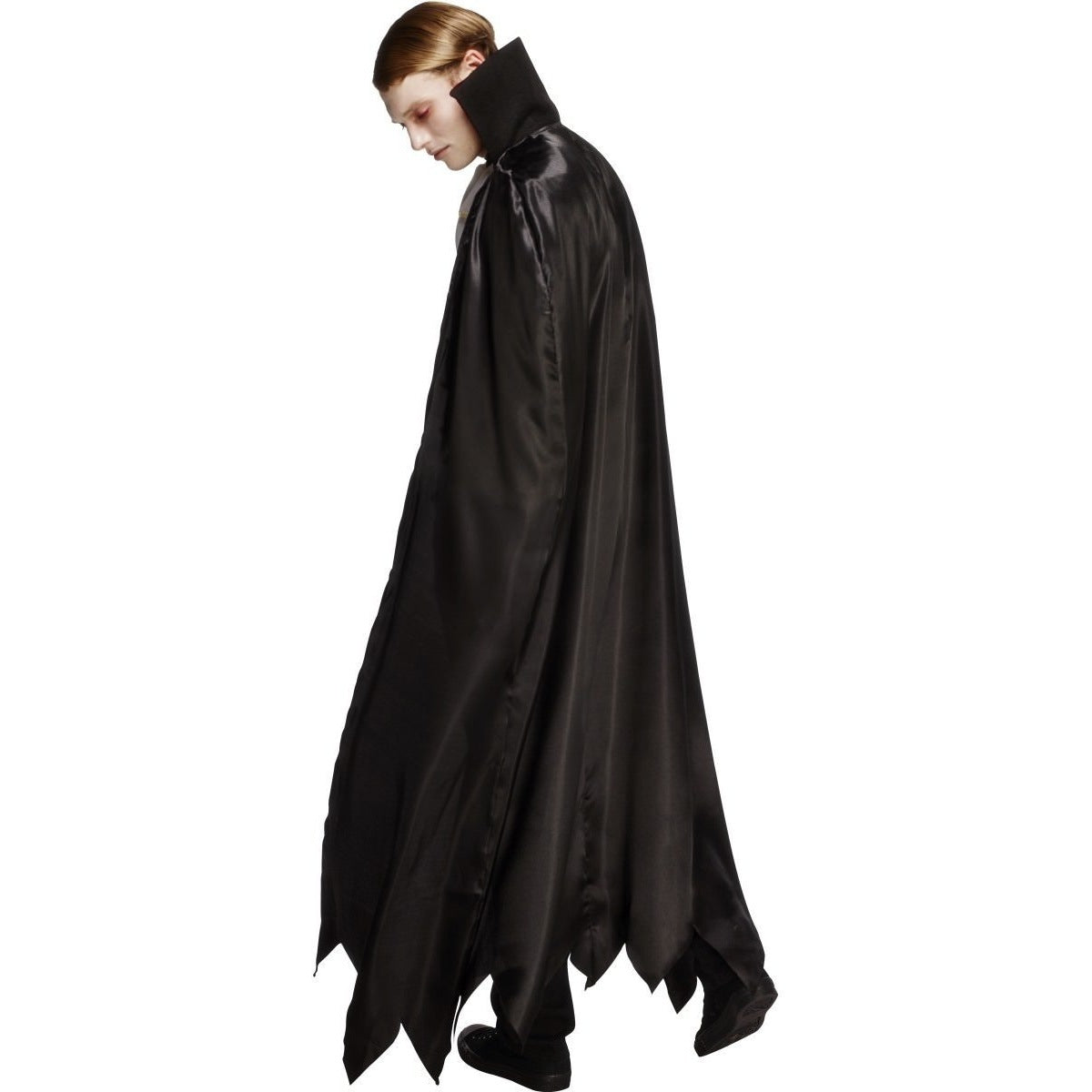 Black vampire cape with high collar worn by person, side view | Chaps London