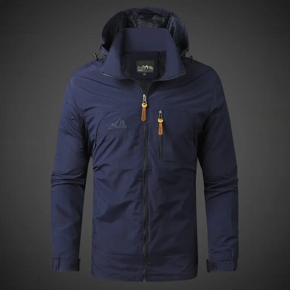 Navy blue hooded windbreaker jacket with zip pockets, shown on mannequin | Chaps London