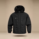 Black hooded waterproof jacket with multiple zip pockets, shown floating unworn | Chaps London