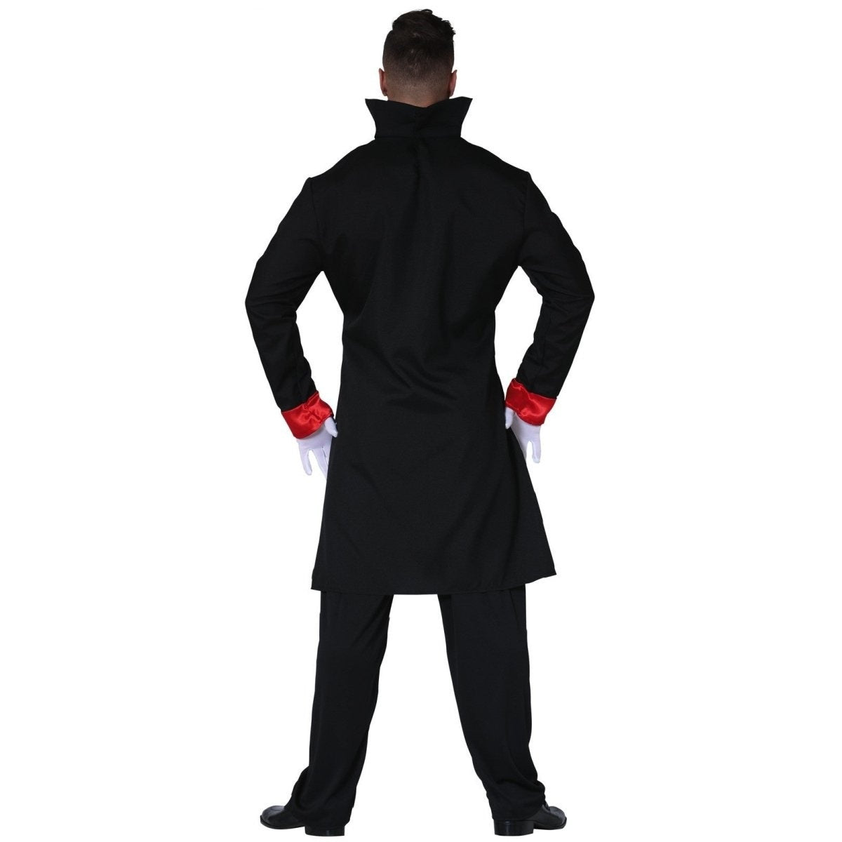 Man wearing black vampire costume jacket with red cuffs, rear view | Chaps London