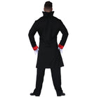 Man wearing black vampire costume jacket with red cuffs, rear view | Chaps London