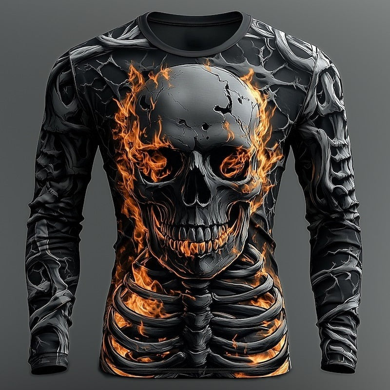 Long sleeve top with flaming skull and ribcage print, worn by model | Chaps London