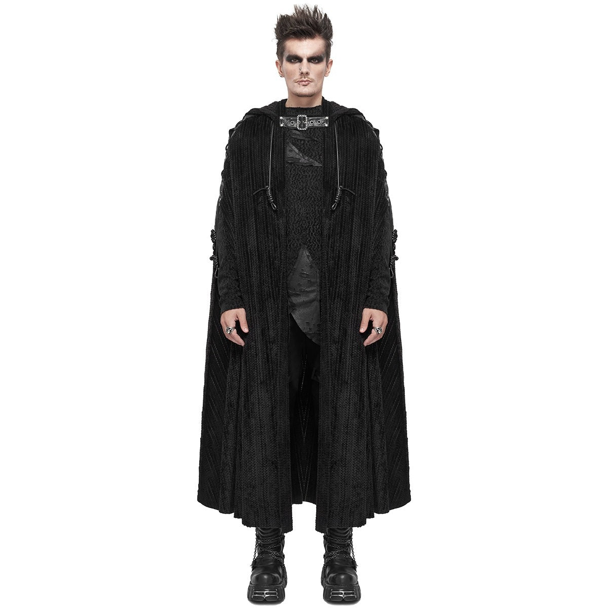 Man wearing black hooded cloak with buckle strap, full length photo | Chaps London