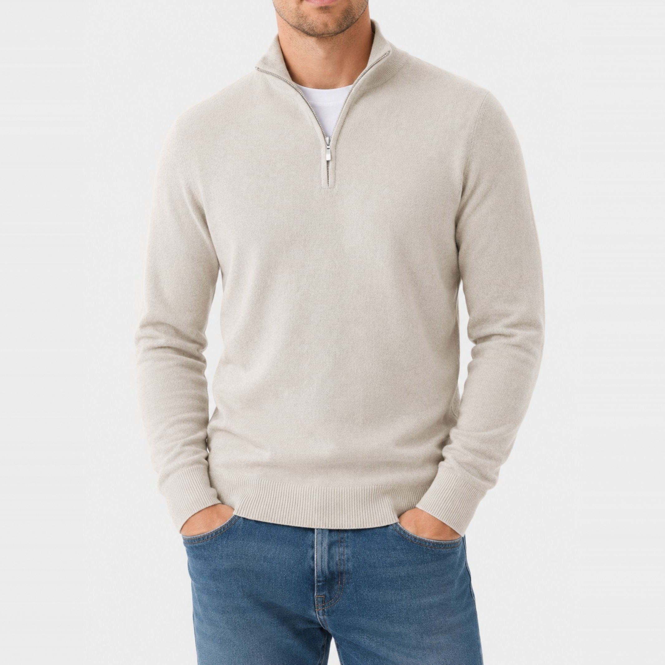 Beige quarter zip sweater with stand collar worn by man | Chaps London