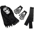 Black hooded robe with skull mask, skeleton gloves, and belt, laid flat | Chaps London