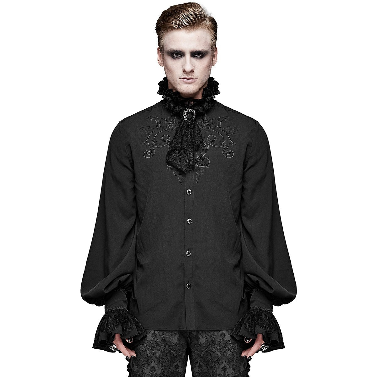 Black gothic shirt with embroidery and lace cravat worn by man | Chaps London