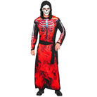 Man wearing red flame skeleton print robe with hood and skull mask | Chaps London