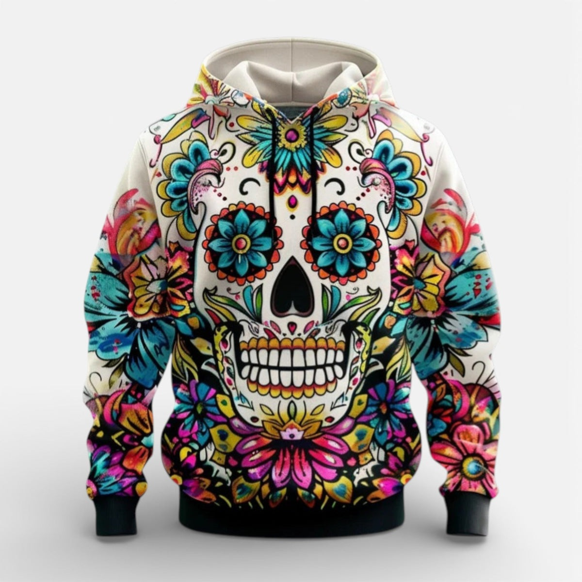White hoodie with colorful sugar skull and floral print design, worn by model | Chaps London