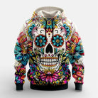White hoodie with colorful sugar skull and floral print design, worn by model | Chaps London