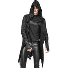 Man wearing black hooded cardigan with draped asymmetrical design and fingerless gloves | Chaps London