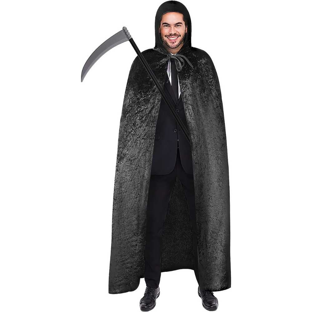 Man wearing black hooded cape costume, holding a scythe prop | Chaps London