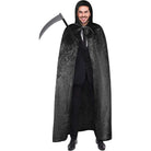 Man wearing black hooded cape costume, holding a scythe prop | Chaps London