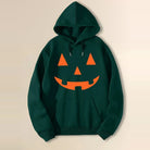 Dark green hoodie with orange jack-o-lantern face, flat lay view | Chaps London