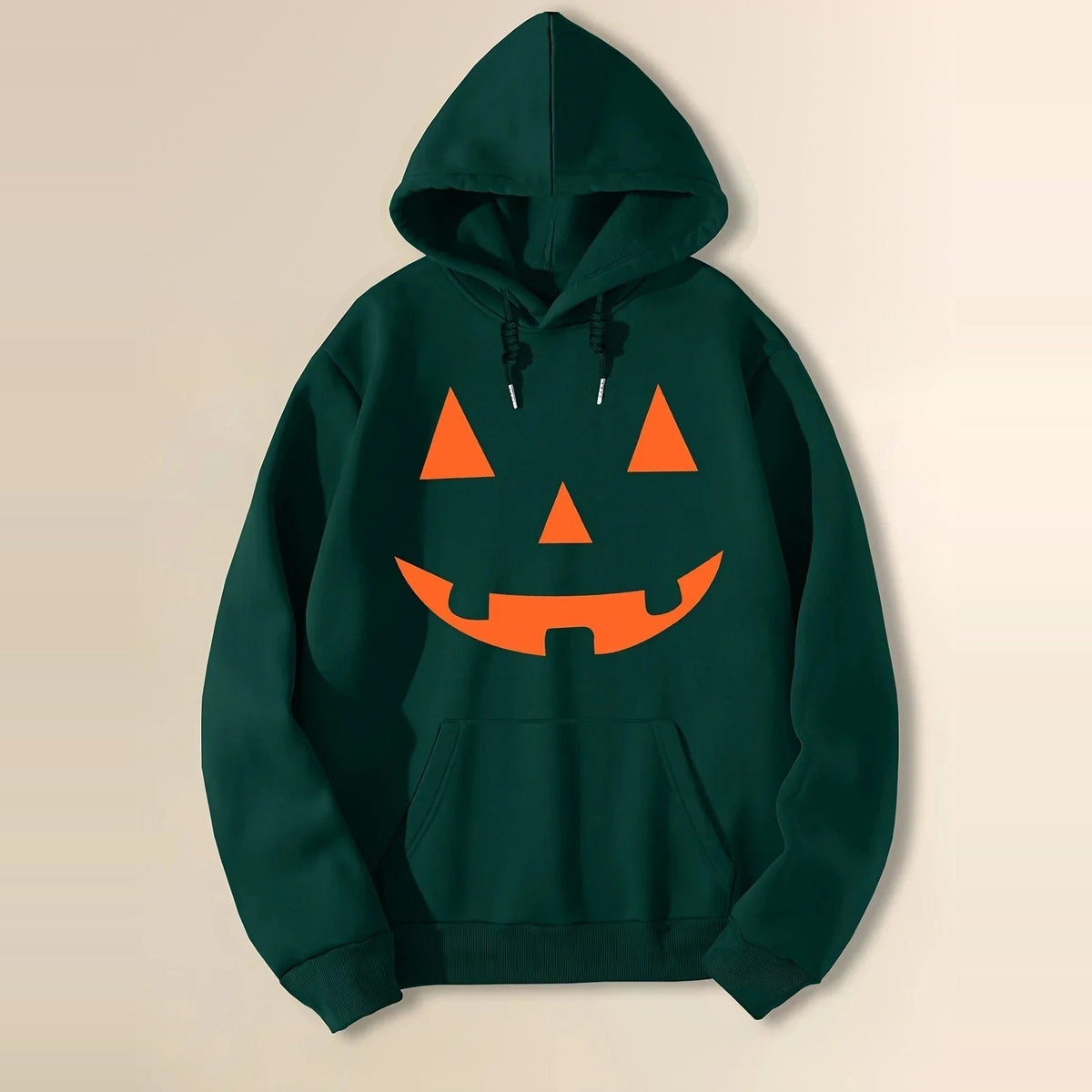 Dark green hoodie with orange jack-o-lantern face, flat lay view | Chaps London