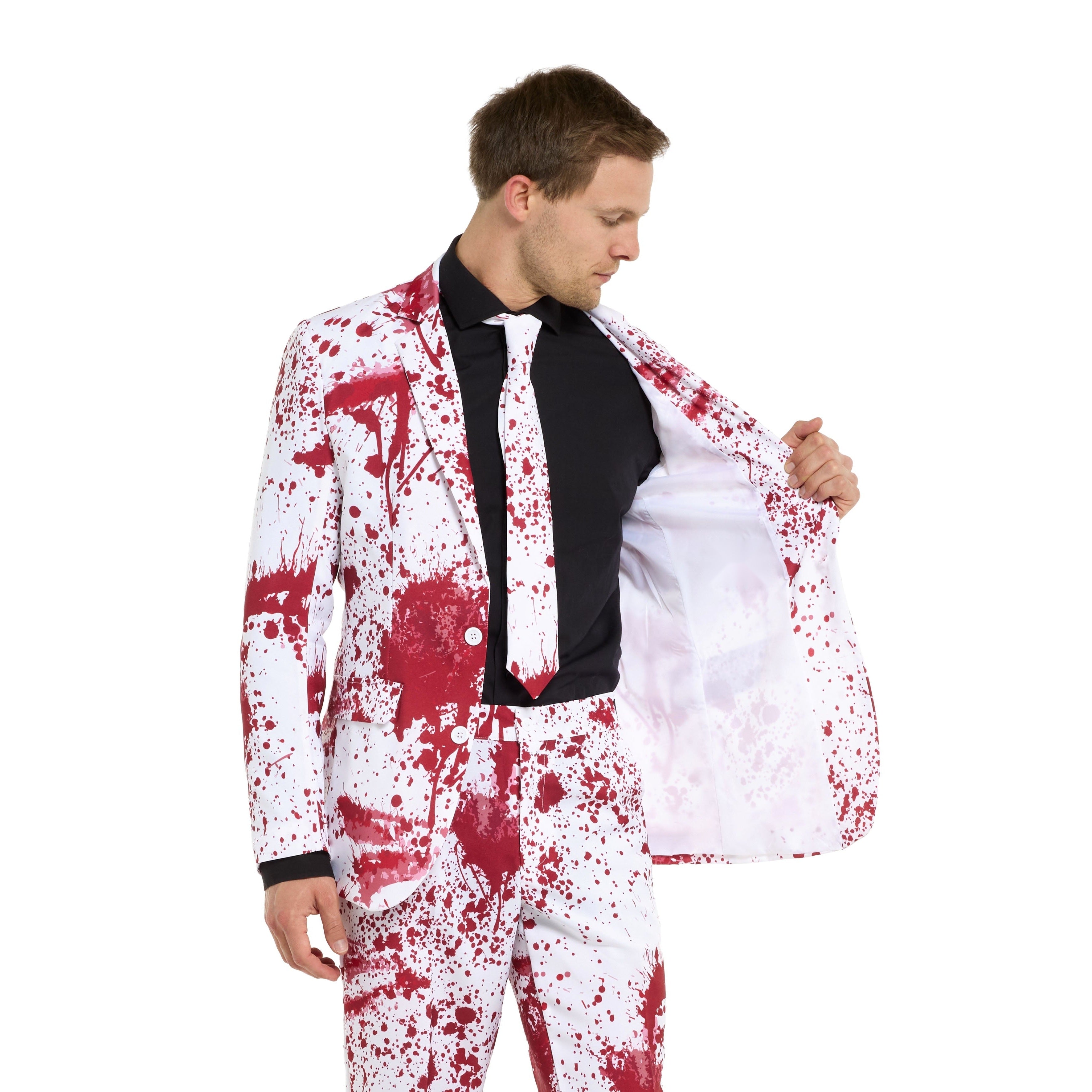 Man wearing white blood splatter suit jacket, trousers and black tie | Chaps London
