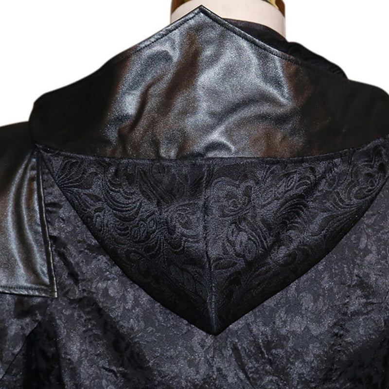 Black gothic hooded coat with jacquard panel on mannequin, close-up | Chaps London