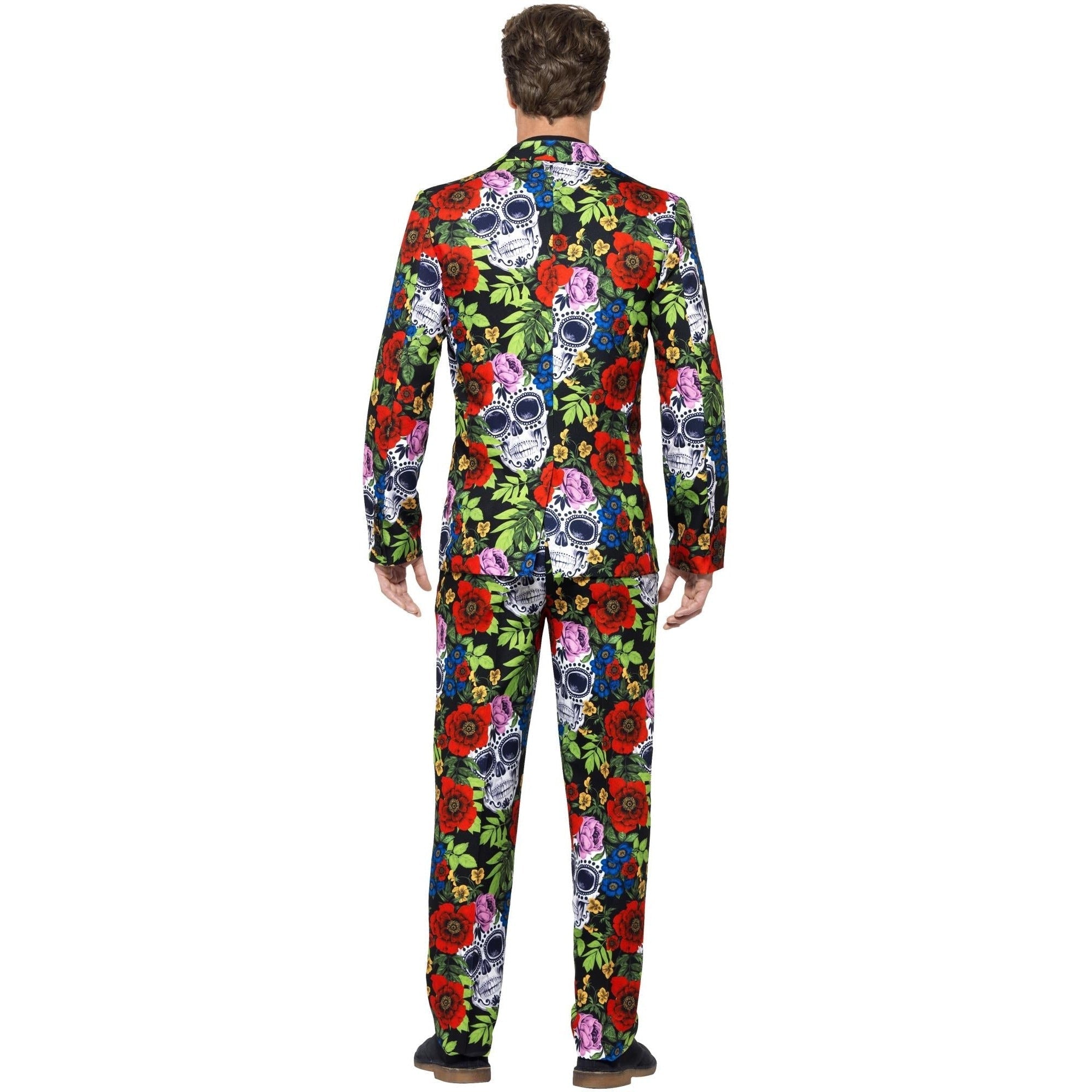 Man wearing colorful sugar skull and floral print suit, rear view | Chaps London