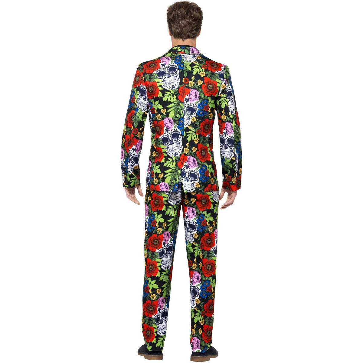 Man wearing colorful sugar skull and floral print suit, rear view | Chaps London