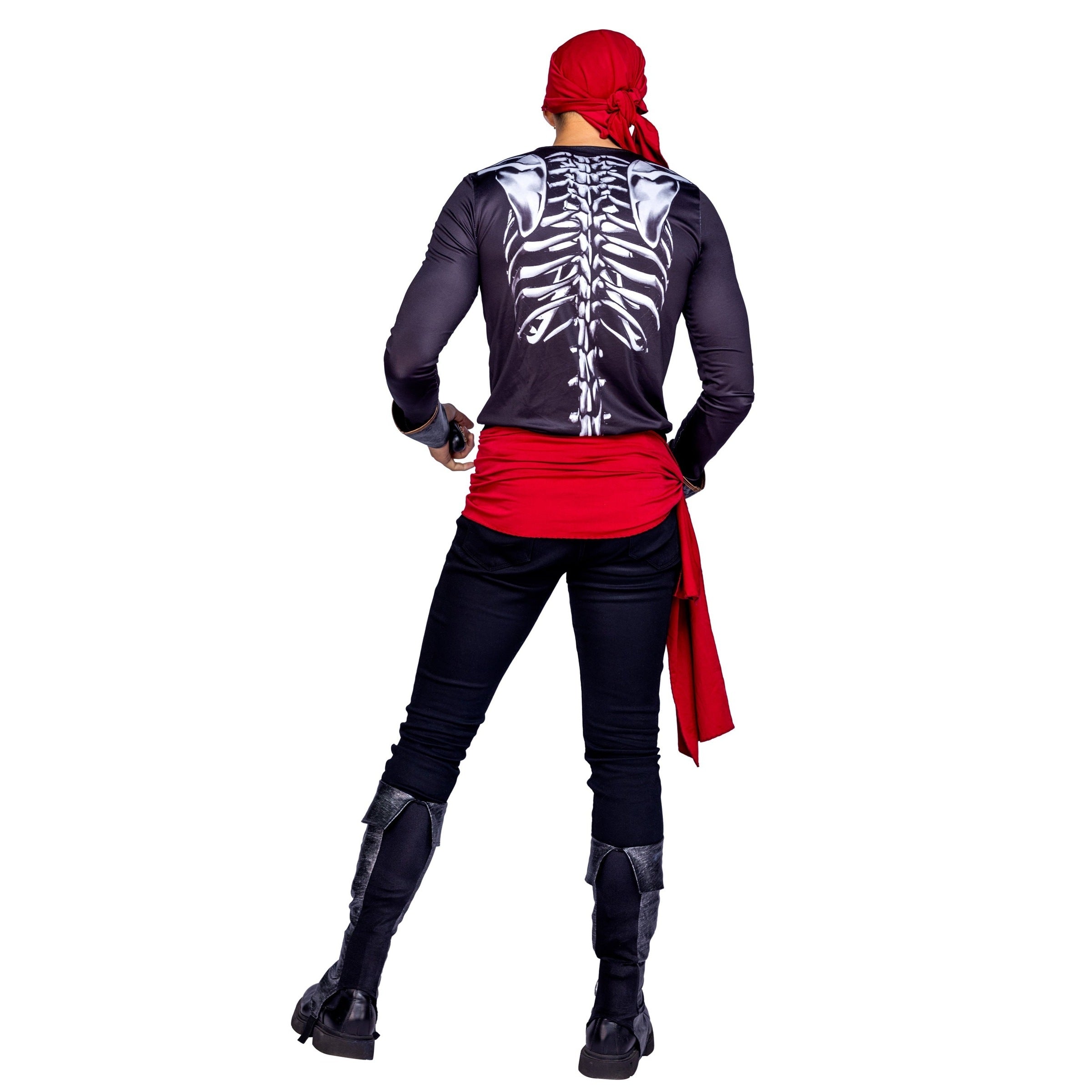 Man wearing black skeleton shirt, red headscarf and sash, back view | Chaps London