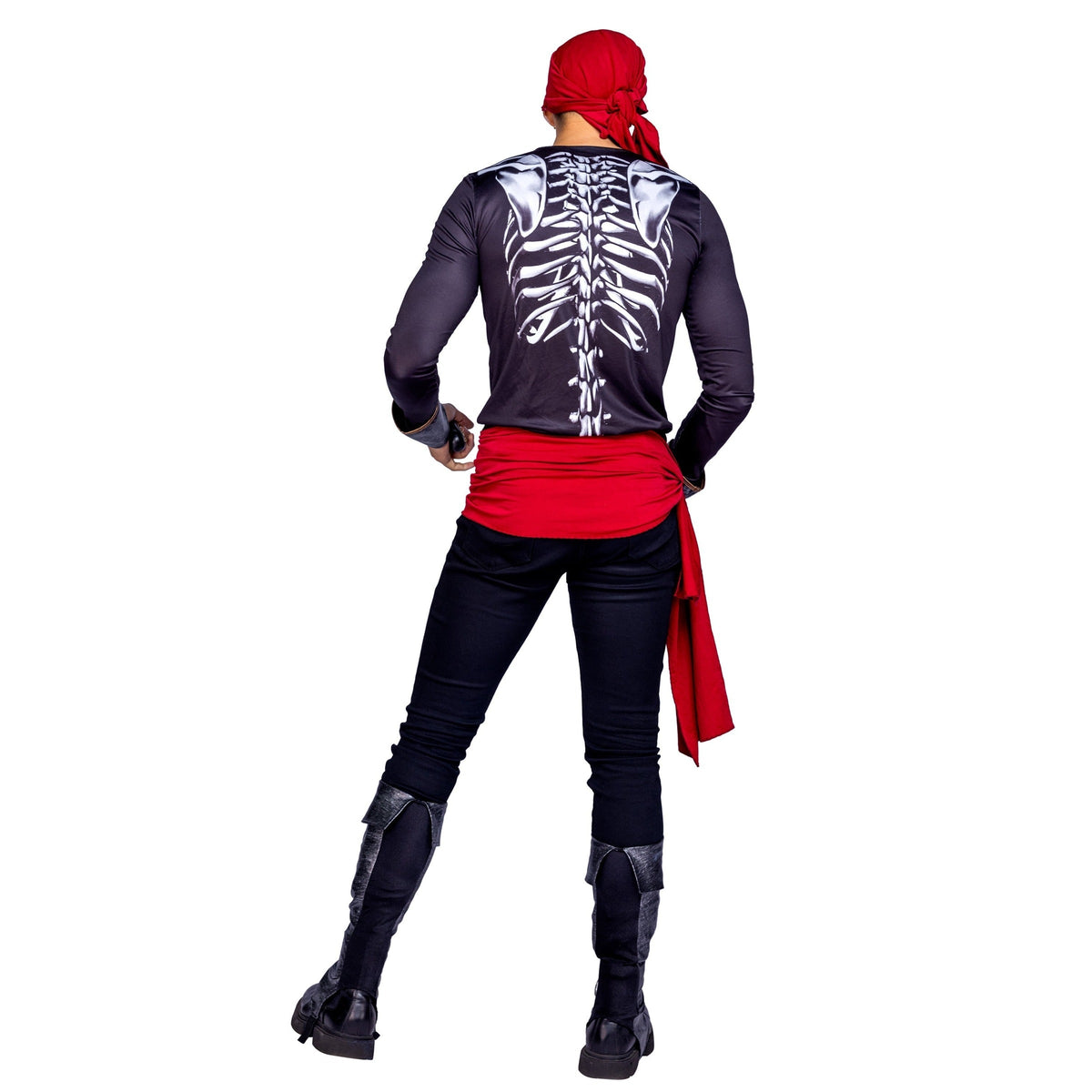 Man wearing black skeleton shirt, red headscarf and sash, back view | Chaps London