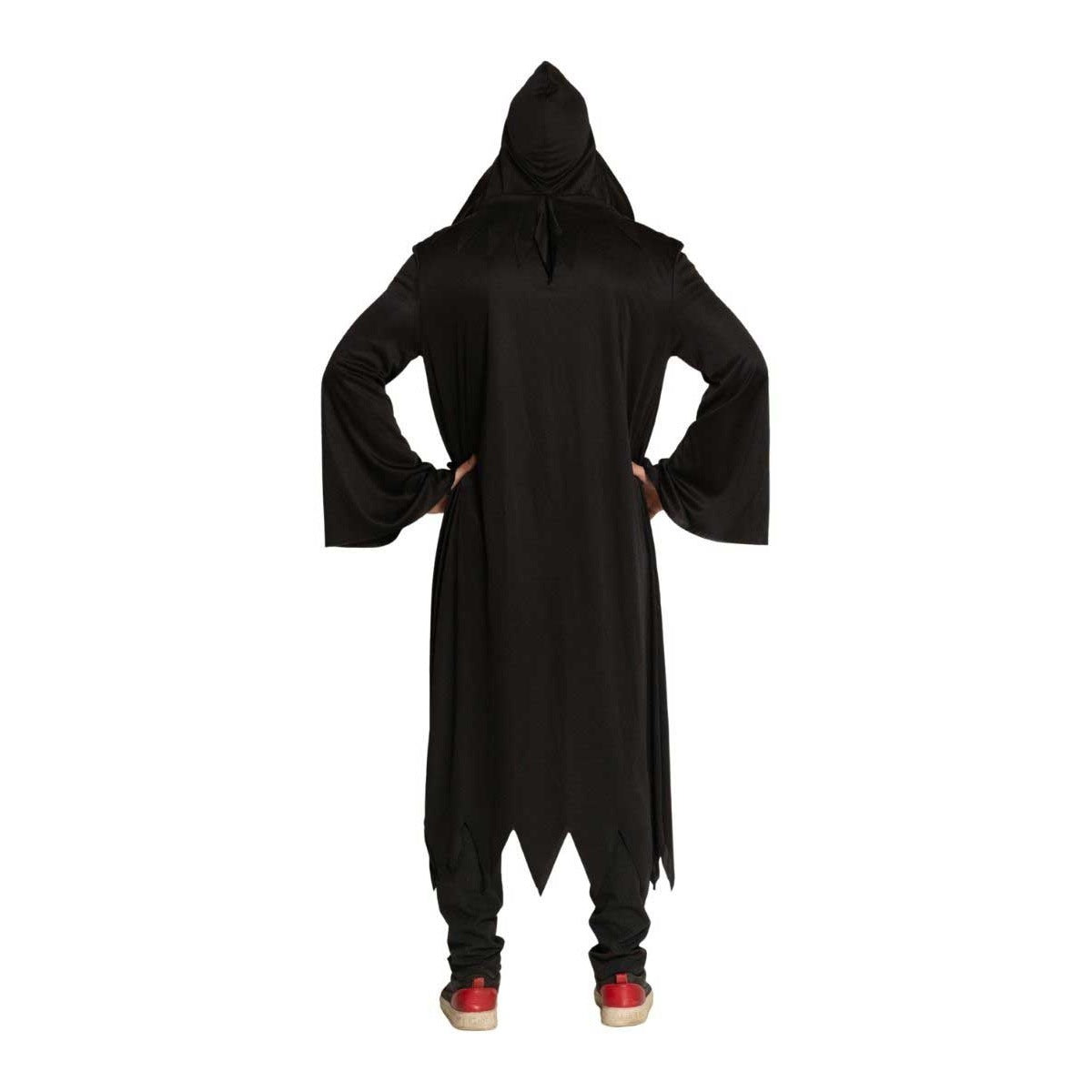 Black hooded robe with jagged hem, worn by person, rear view | Chaps London