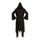 Black hooded robe with jagged hem, worn by person, rear view | Chaps London