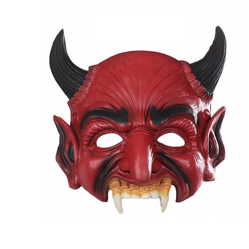 Red devil half mask with black horns and fangs, flat display | Chaps London