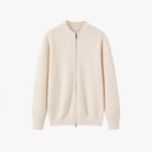 Cream ribbed knit zip cardigan with stand collar, laid flat | Chaps London