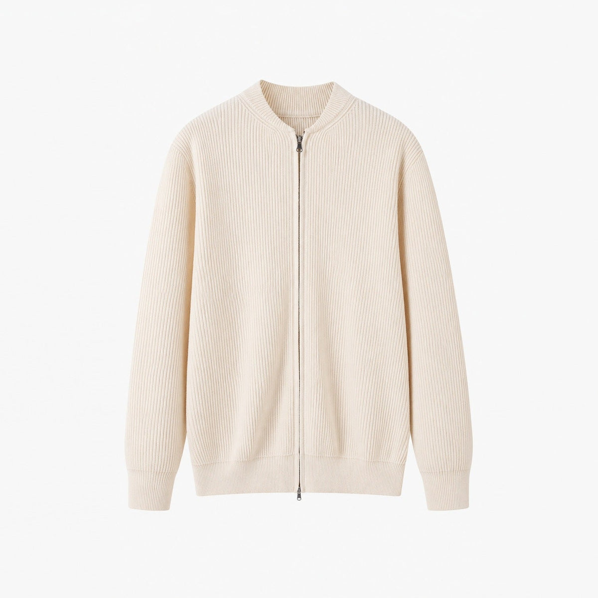 Cream ribbed knit zip cardigan with stand collar, laid flat | Chaps London